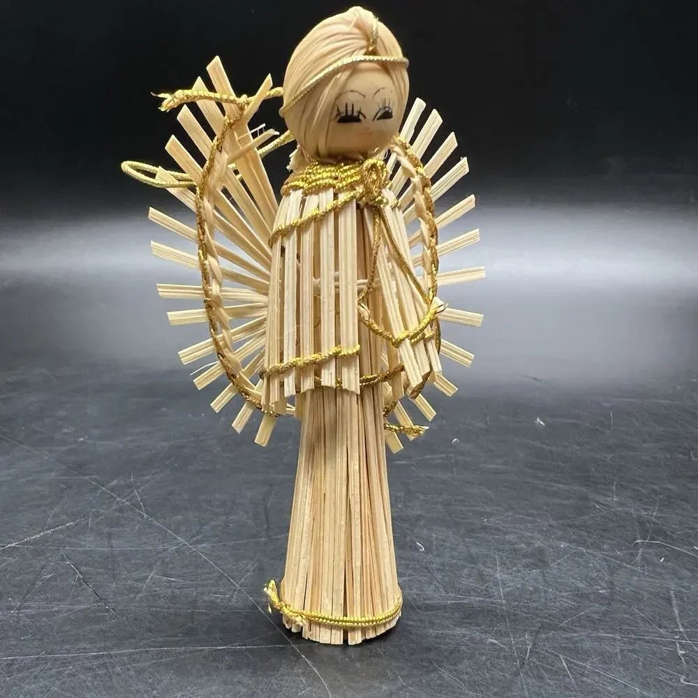 Angel Figurine Christmas Ornaments Wood Vintage Handmade Straw Sticks Set Of 4